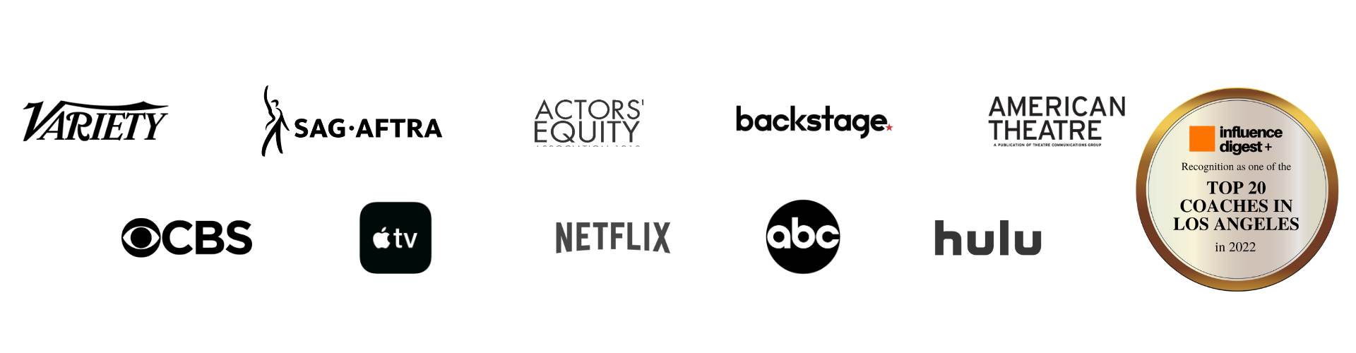 Various logos for different media organization including Variety, SAG Aftra, Actors' Equity, backstage, American Theatre, CBS, Apple TV, Netflix, ABC, Hulu, Influence digest + (Top 20 Coaches in Los Angeles in 2022)